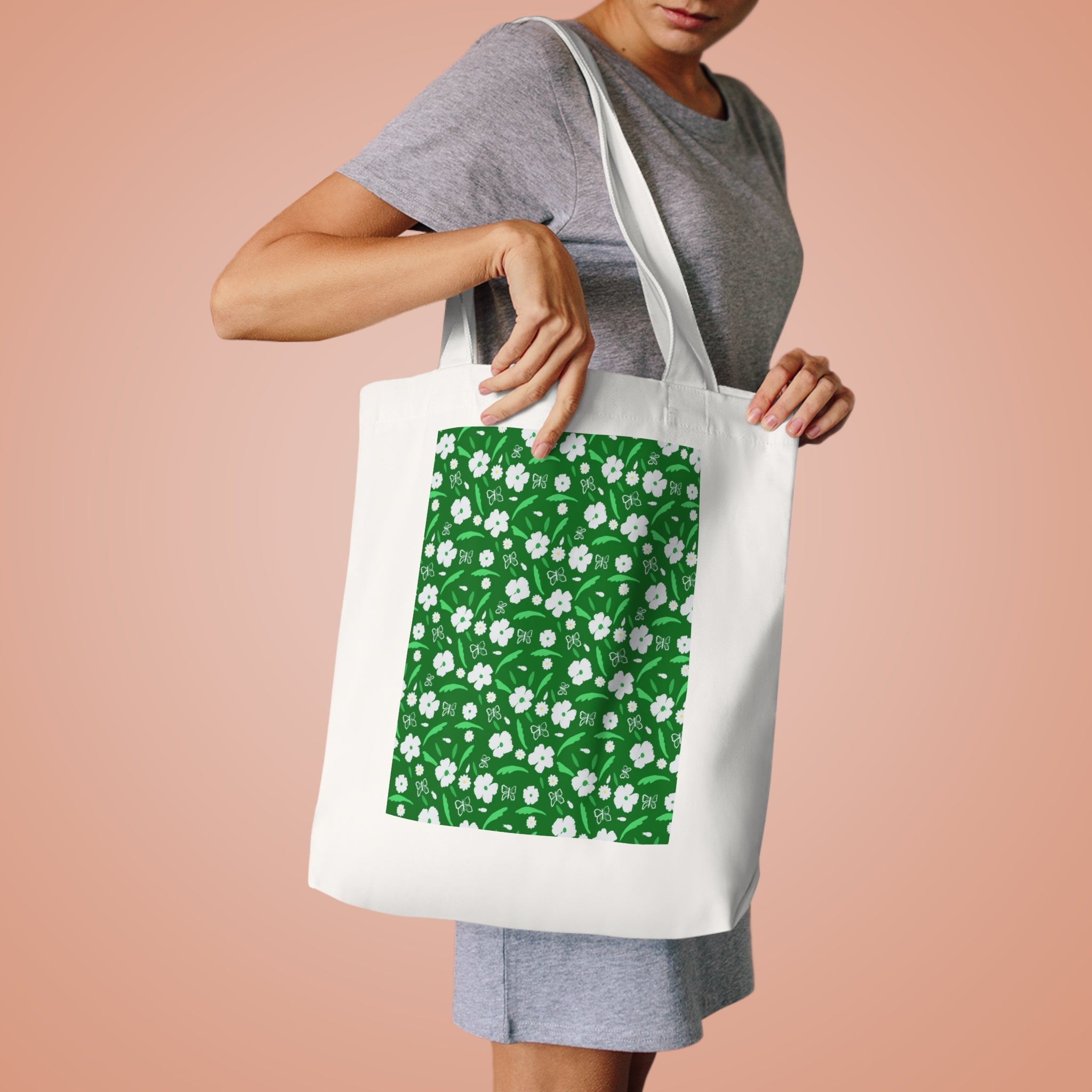 Green White Flower Cotton Tote Bag Printify