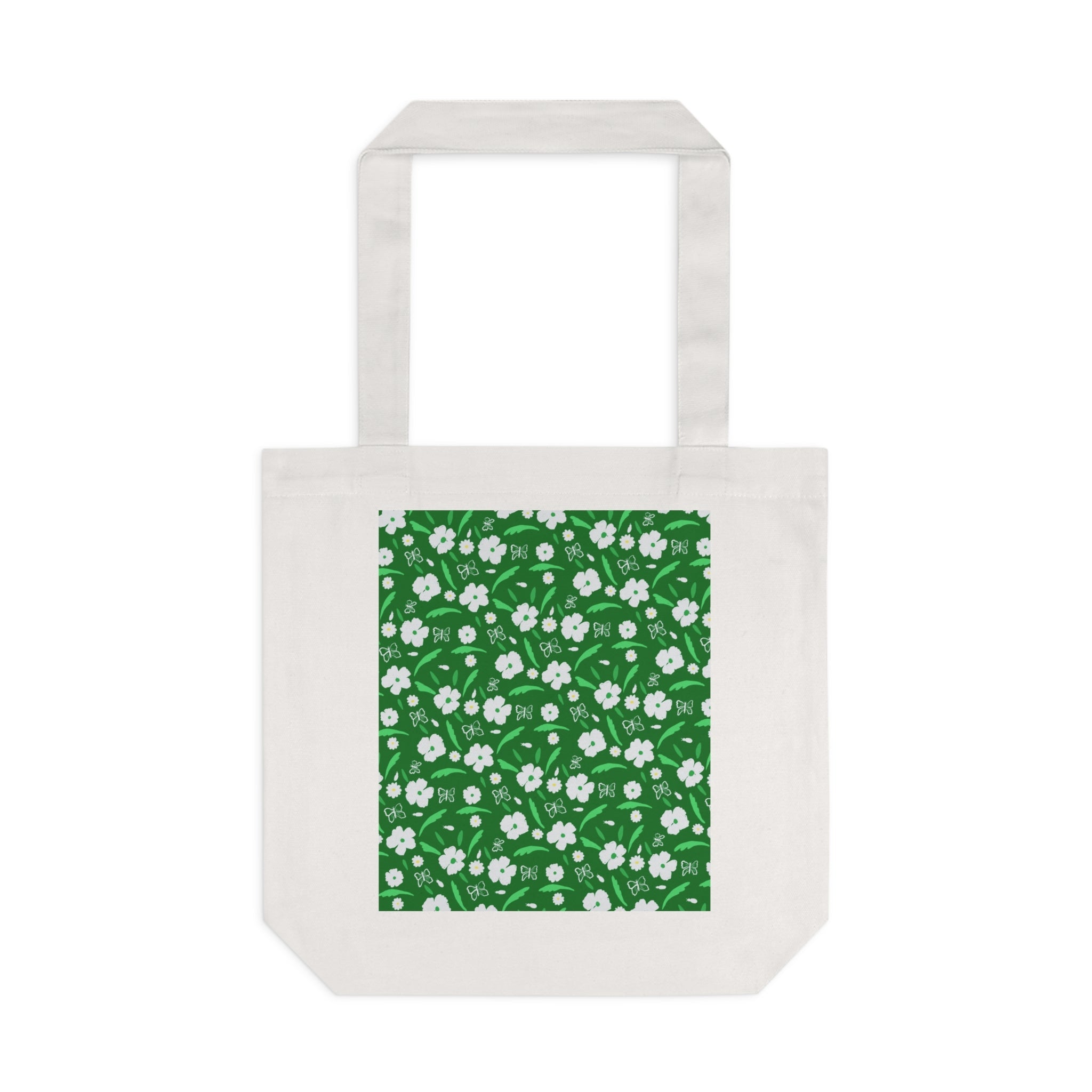 Green White Flower Cotton Tote Bag Printify