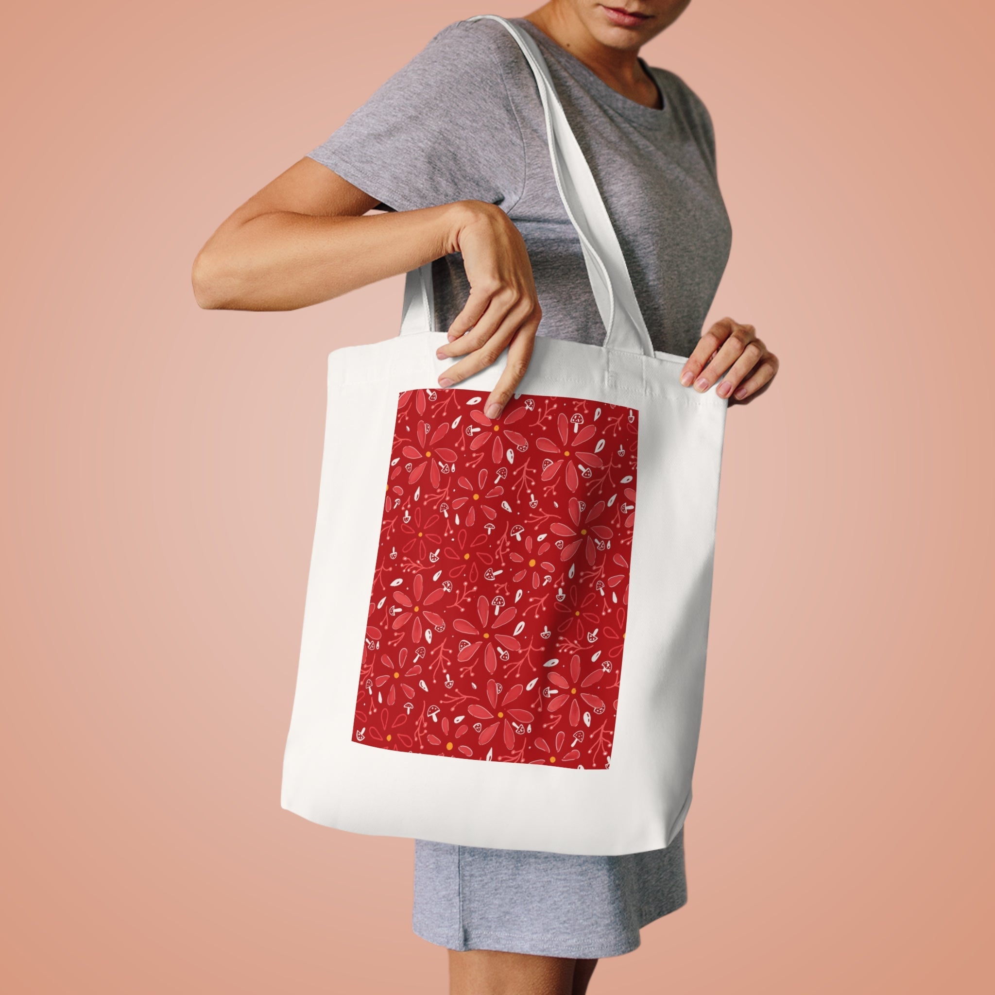 Red and White Flora with Mini Mushroom Cotton Tote Bag Printify