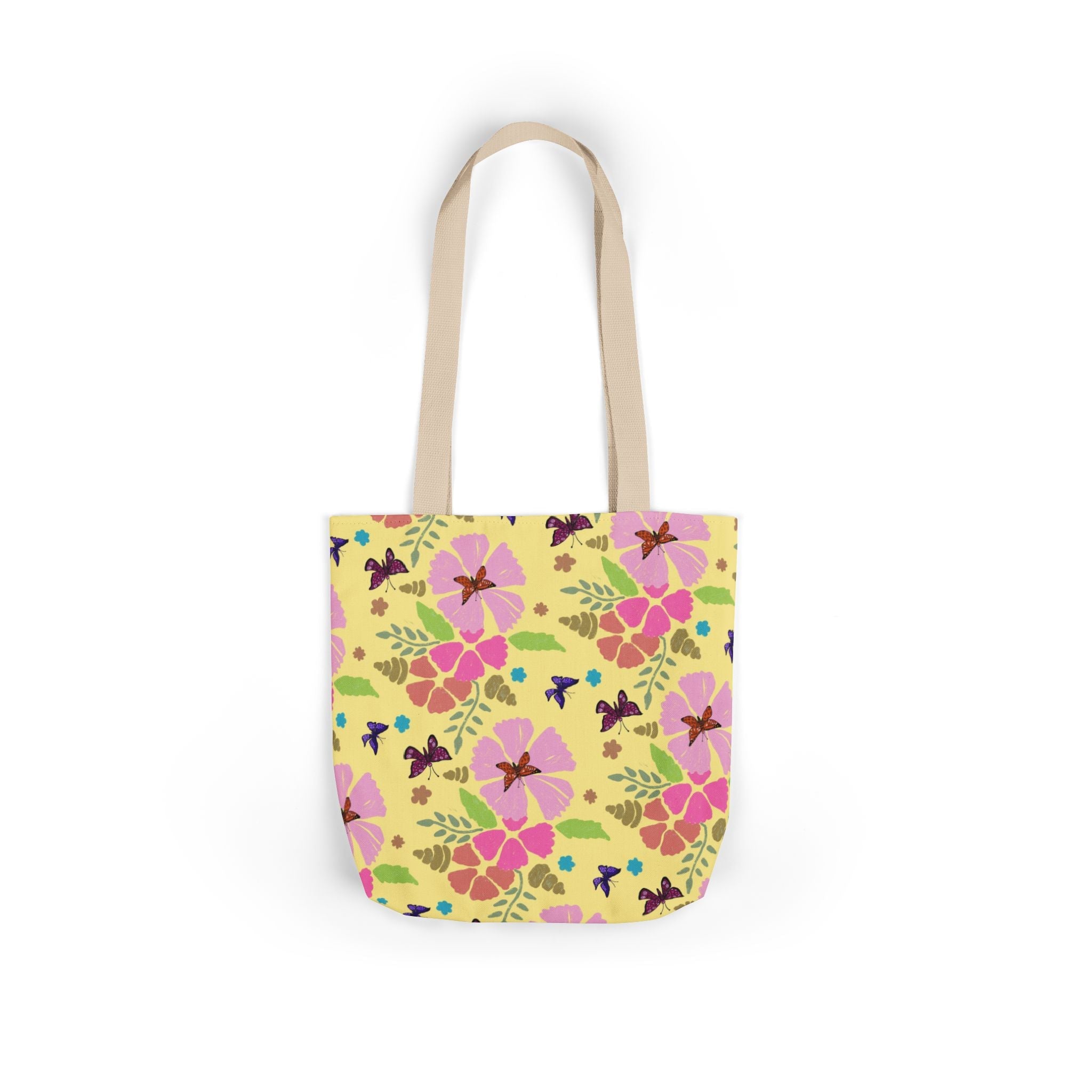 Yellow Butterfly Garden Hand Designed Print Canvas Tote Bag, 5-Color Straps Printify