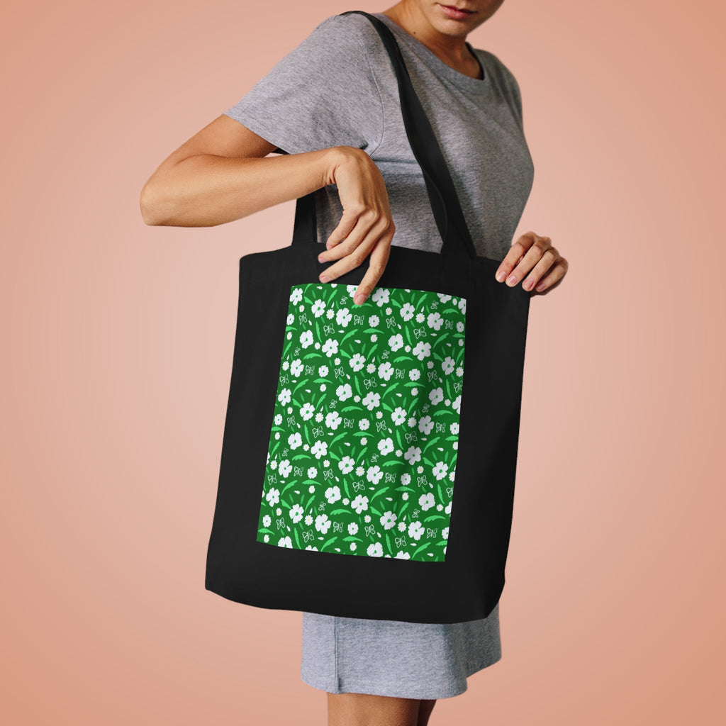 Green White Flower Cotton Tote Bag Printify