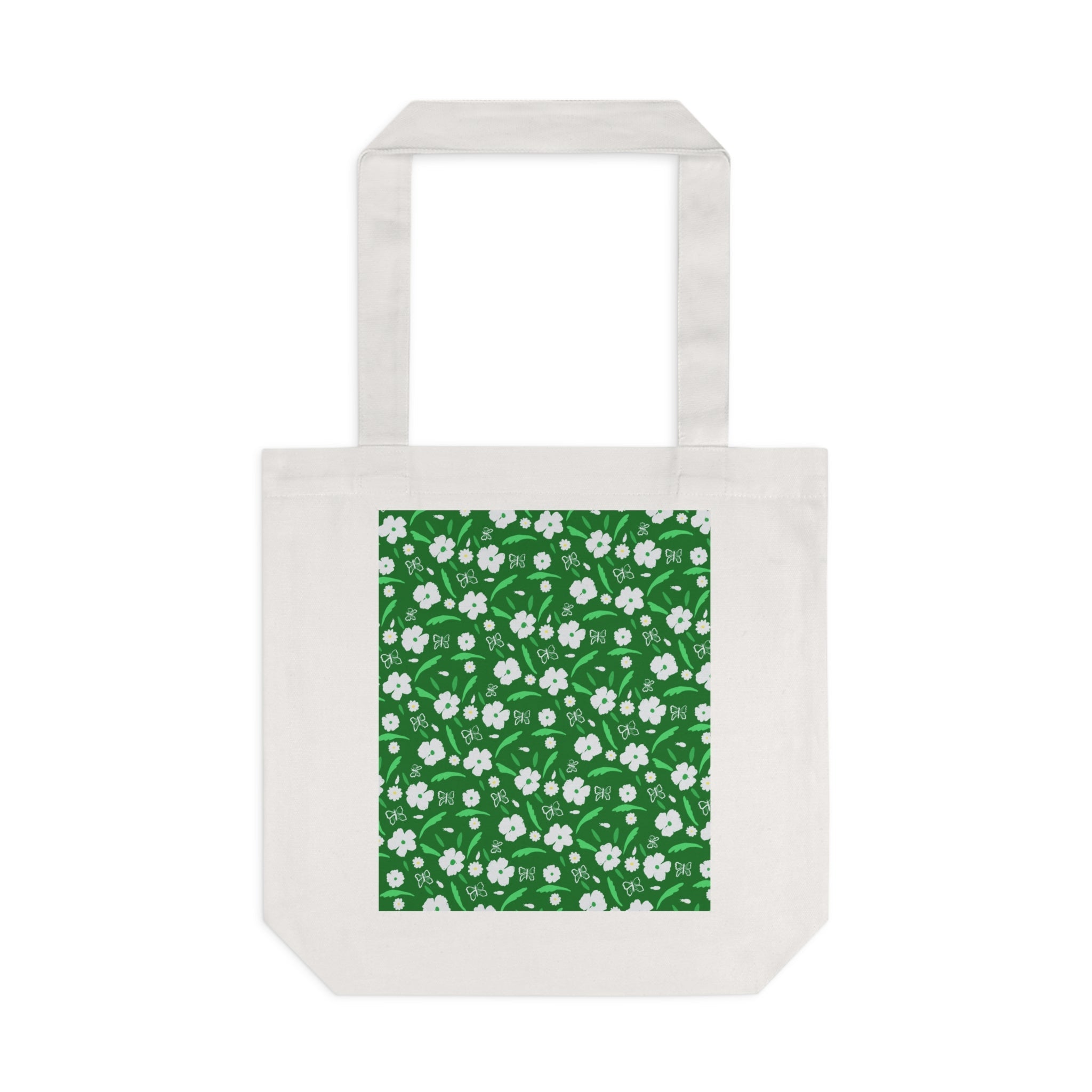 Green White Flower Cotton Tote Bag Printify