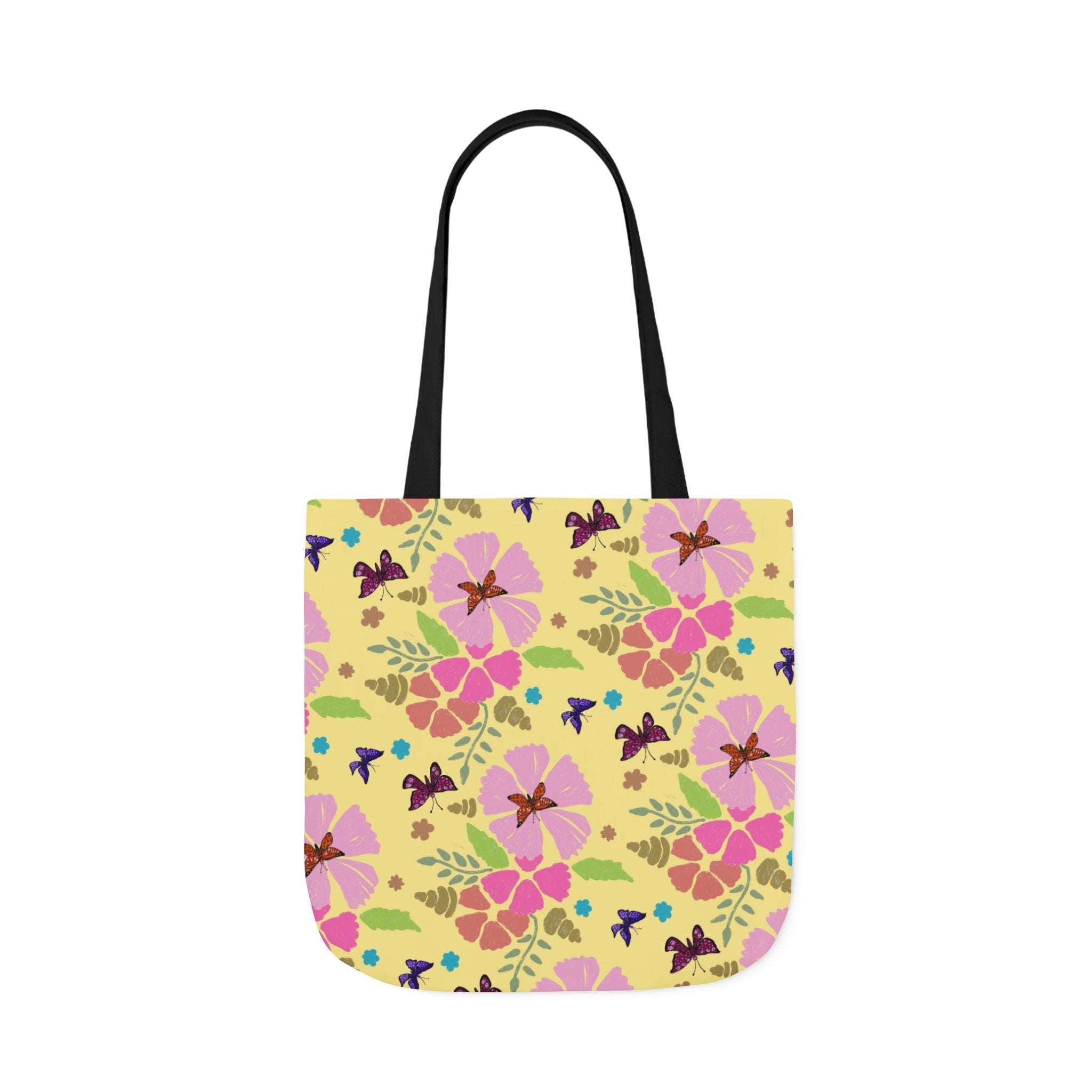 Yellow Butterfly Garden Hand Designed Print Canvas Tote Bag, 5-Color Straps Printify