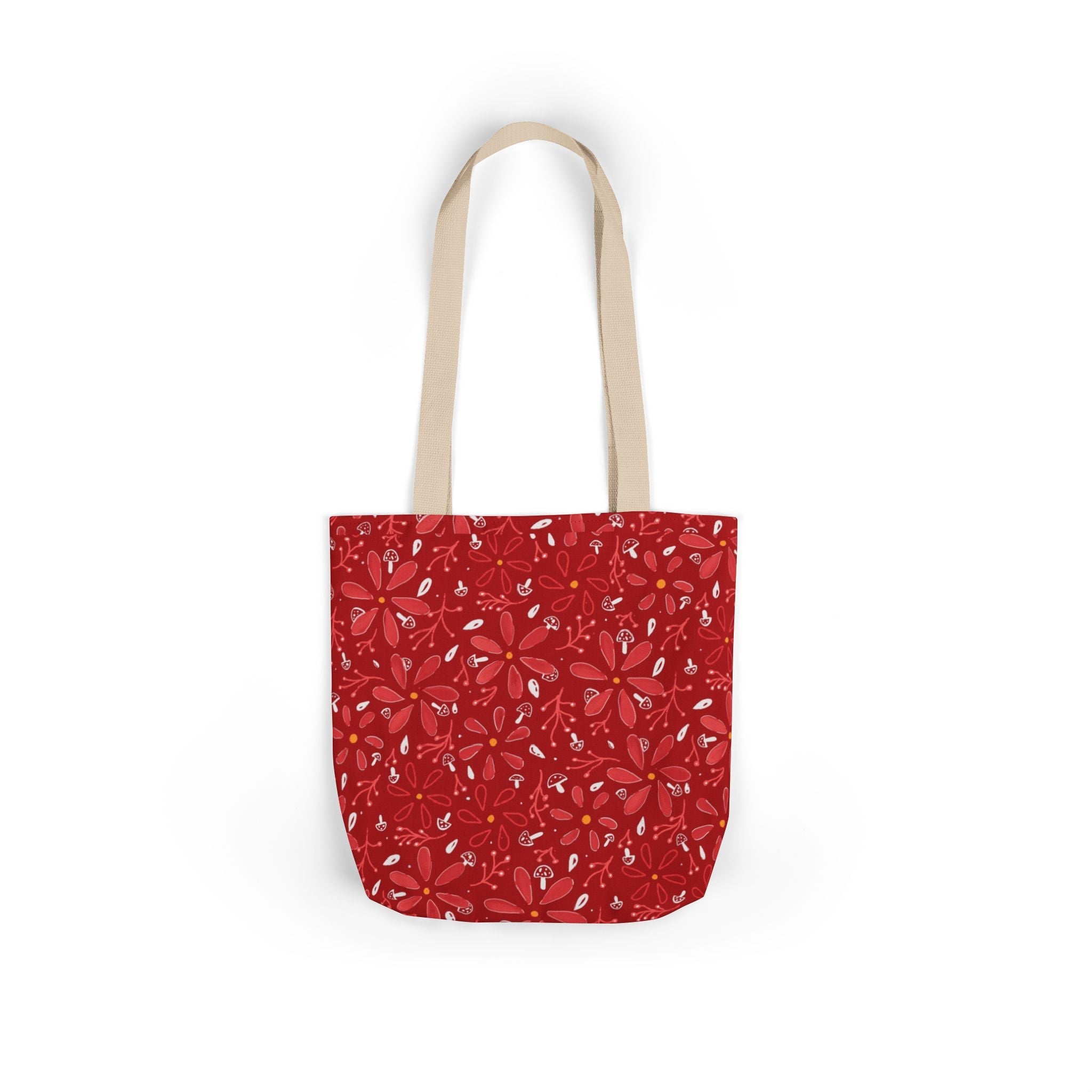Red and White Flora- Mushroom Hand Designed Art Canvas Tote Bag, 5-Color Straps Printify