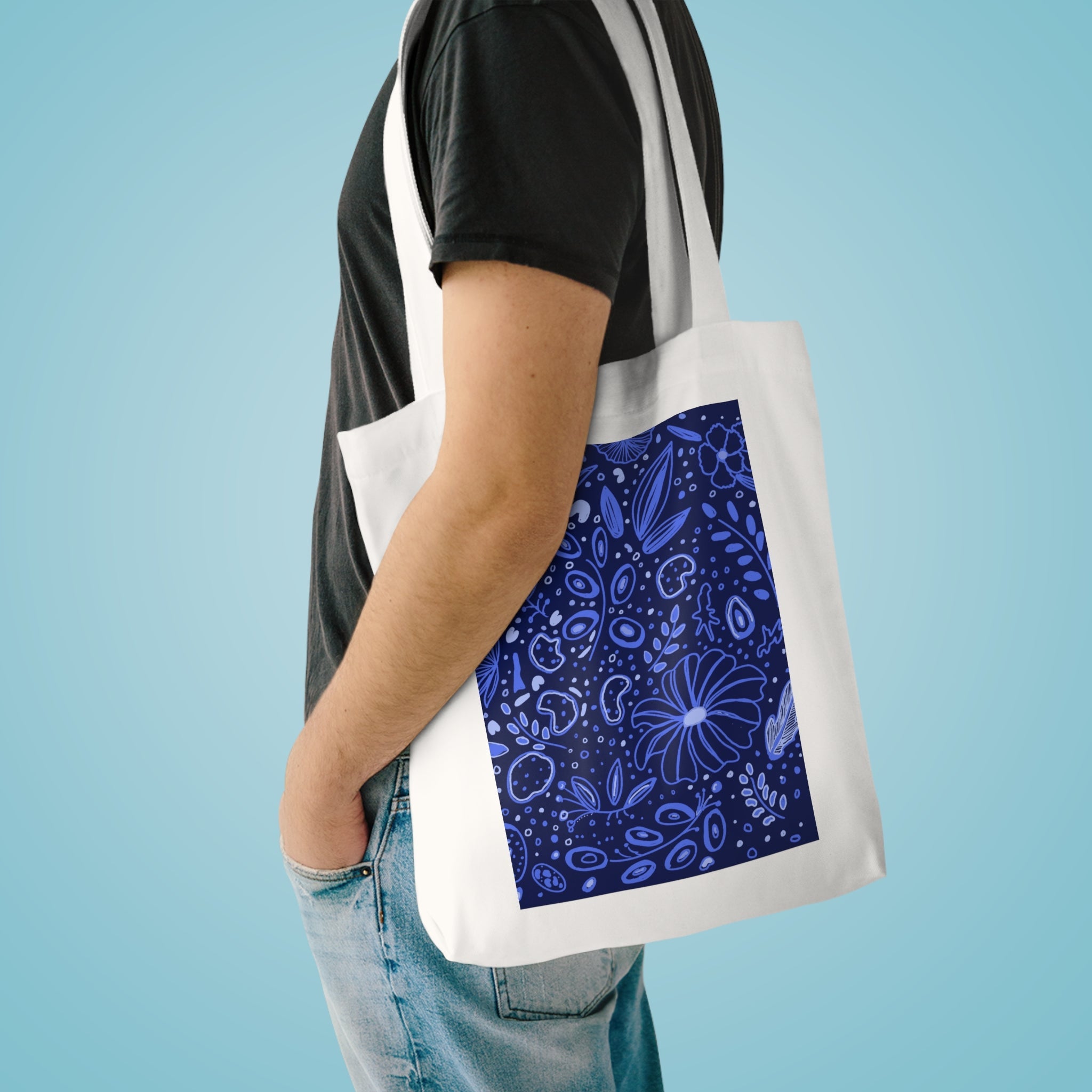 Midnight Blue Flora Hand Drawn Print Cotton Tote Bag Printify