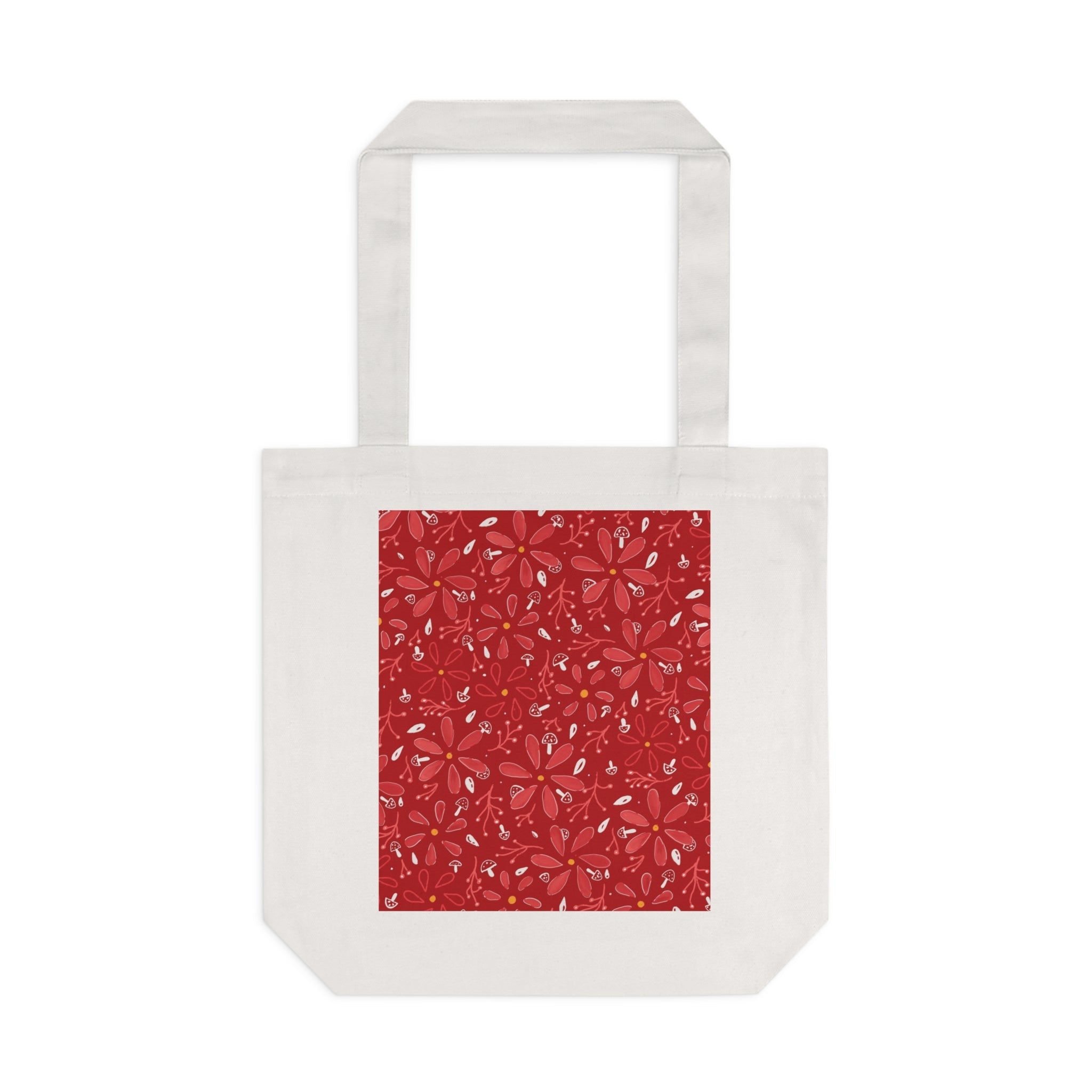 Red and White Flora with Mini Mushroom Cotton Tote Bag Printify