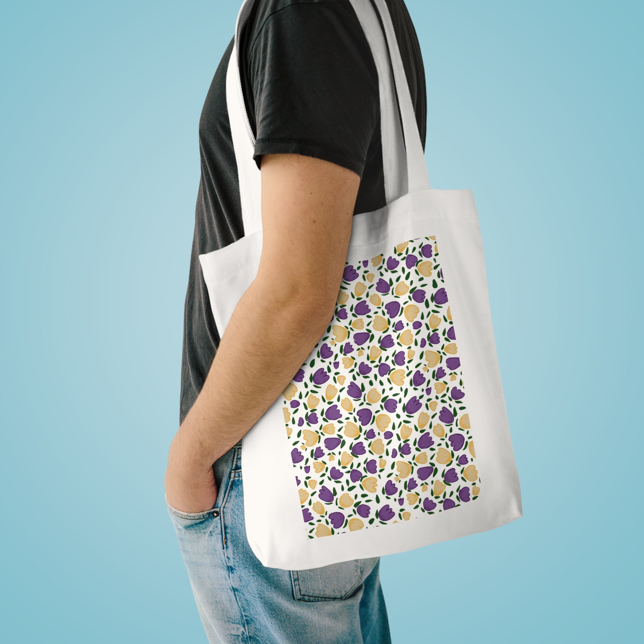 White Purple Gold Flora Cotton Tote Bag Printify