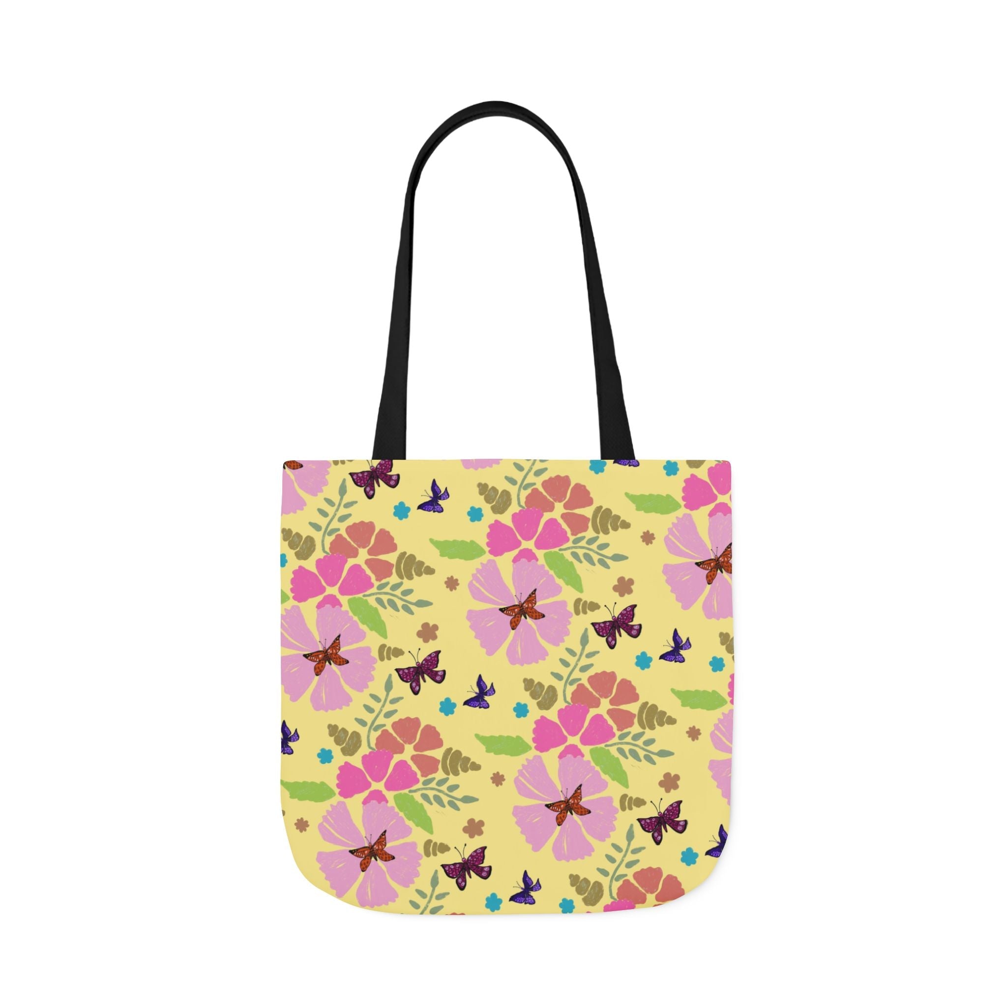 Yellow Butterfly Garden Hand Designed Print Canvas Tote Bag, 5-Color Straps Printify