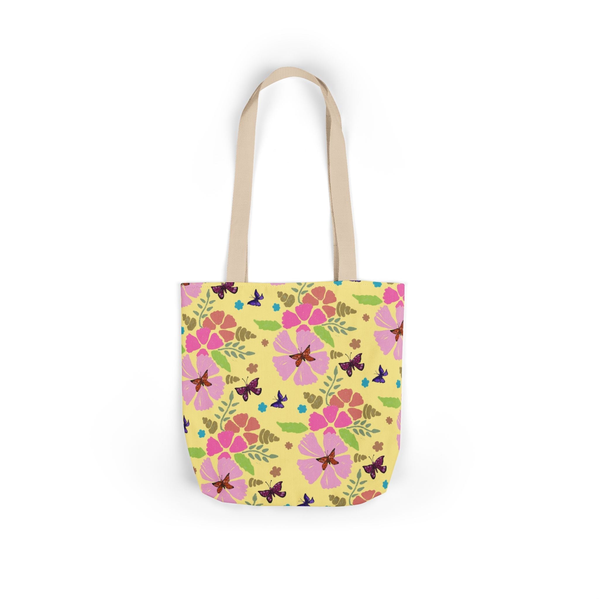 Yellow Butterfly Garden Hand Designed Print Canvas Tote Bag, 5-Color Straps Printify