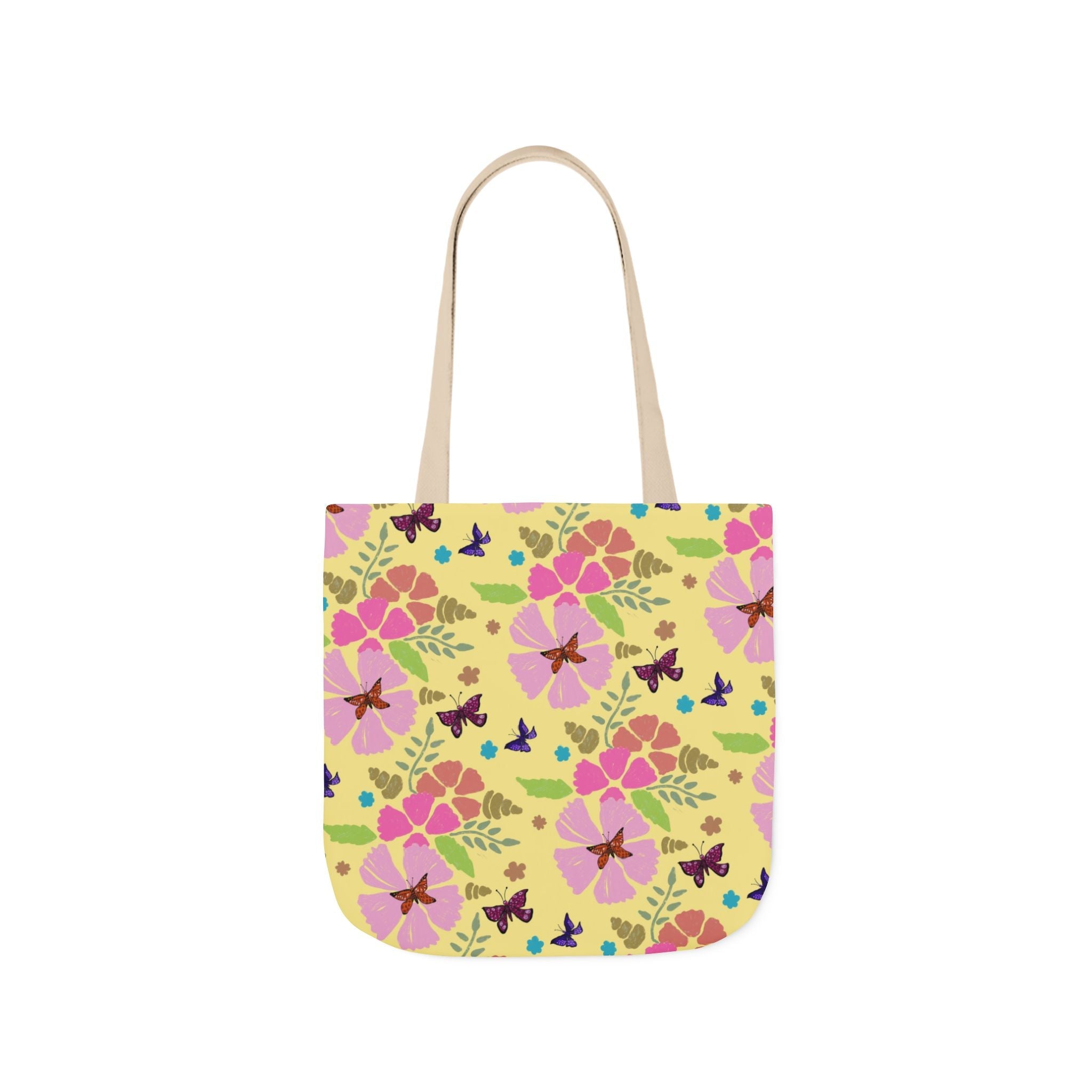 Yellow Butterfly Garden Hand Designed Print Canvas Tote Bag, 5-Color Straps Printify