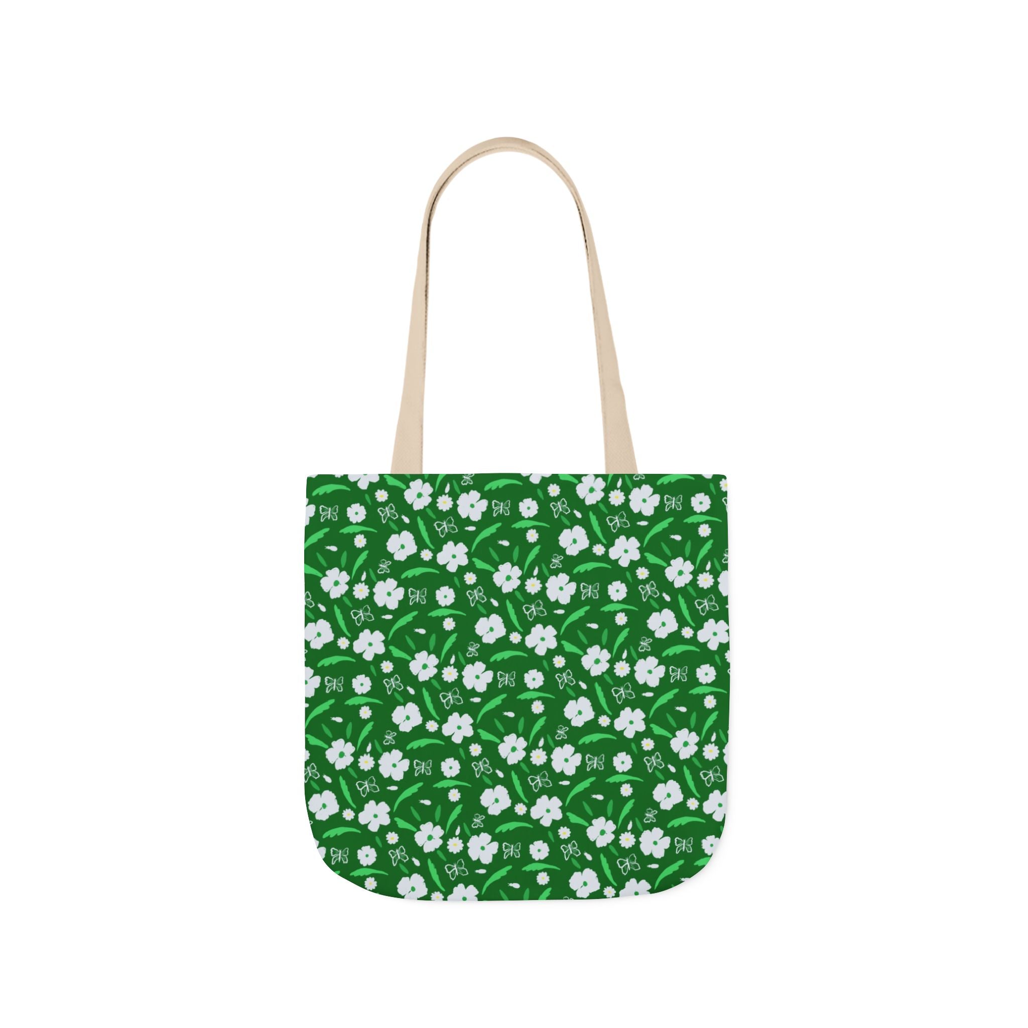 Green white wild flower hand designed prints Canvas Tote Bag, 5-Color Straps Printify
