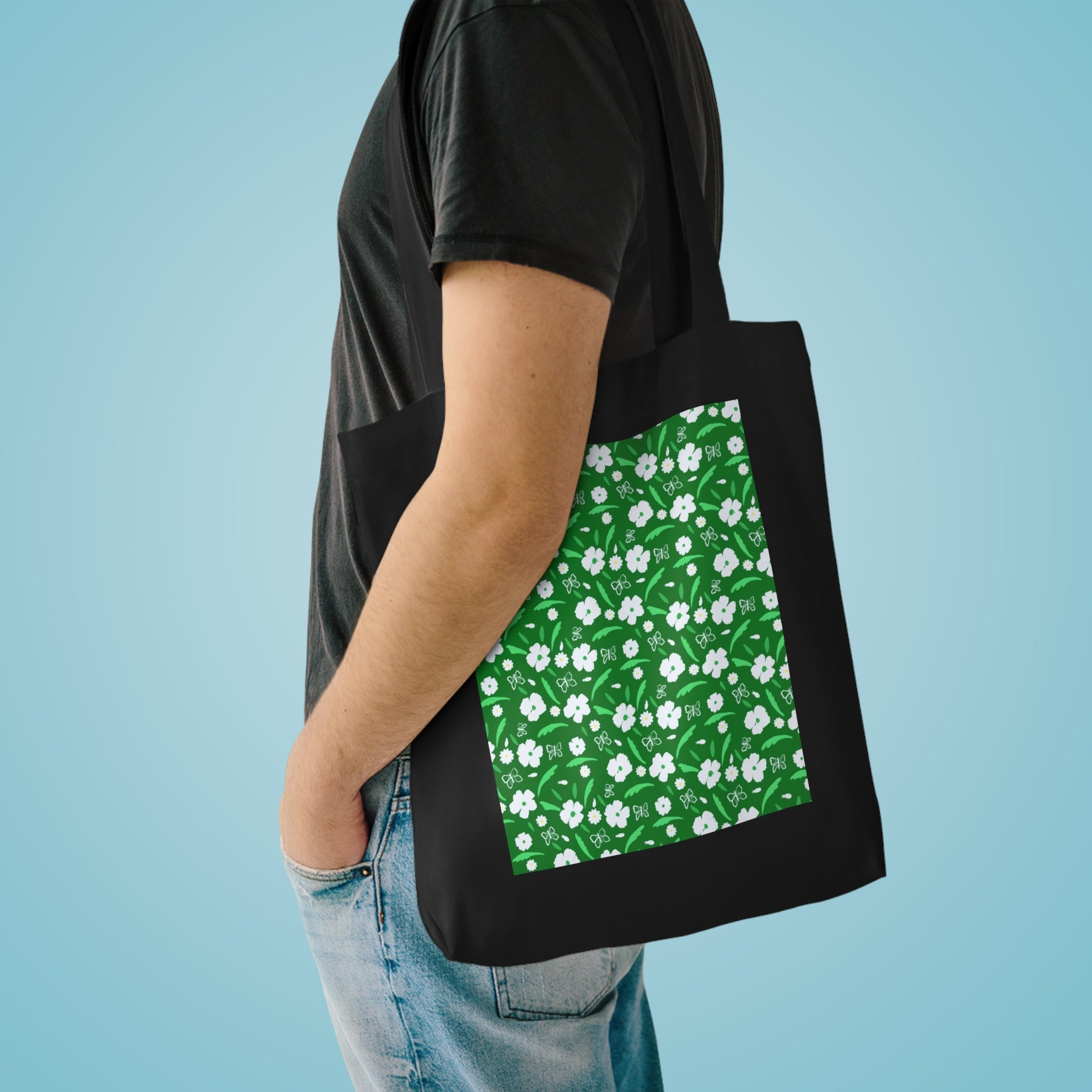 Green White Flower Cotton Tote Bag Printify
