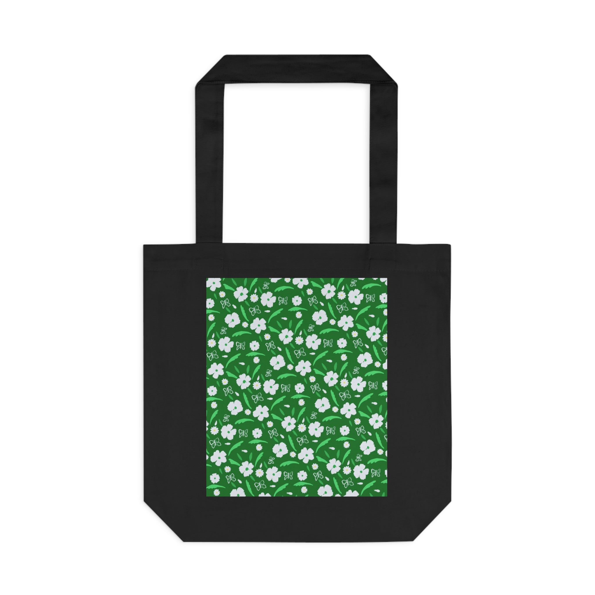 Green White Flower Cotton Tote Bag Printify