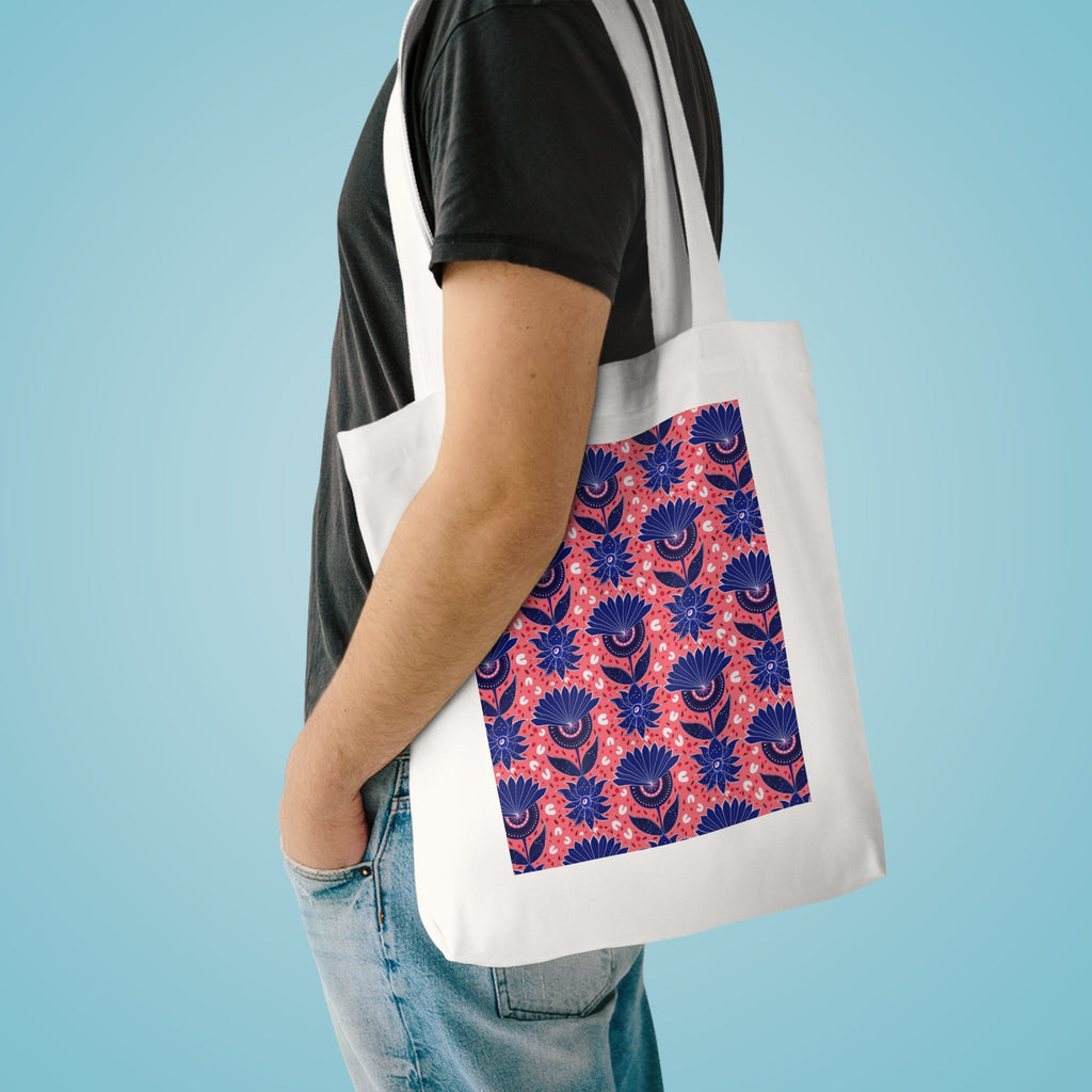 Blue Flora Pink Base Hand Designed Prints Cotton Tote Bag Printify