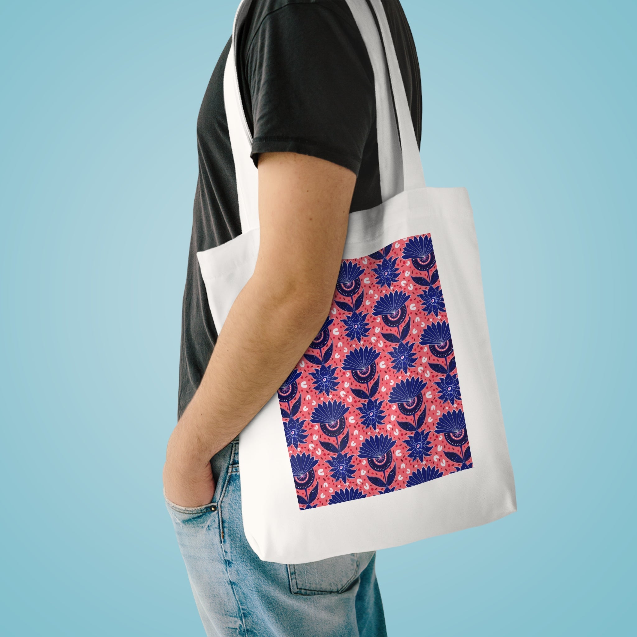 Blue Flora Pink Base Hand Designed Prints Cotton Tote Bag Printify