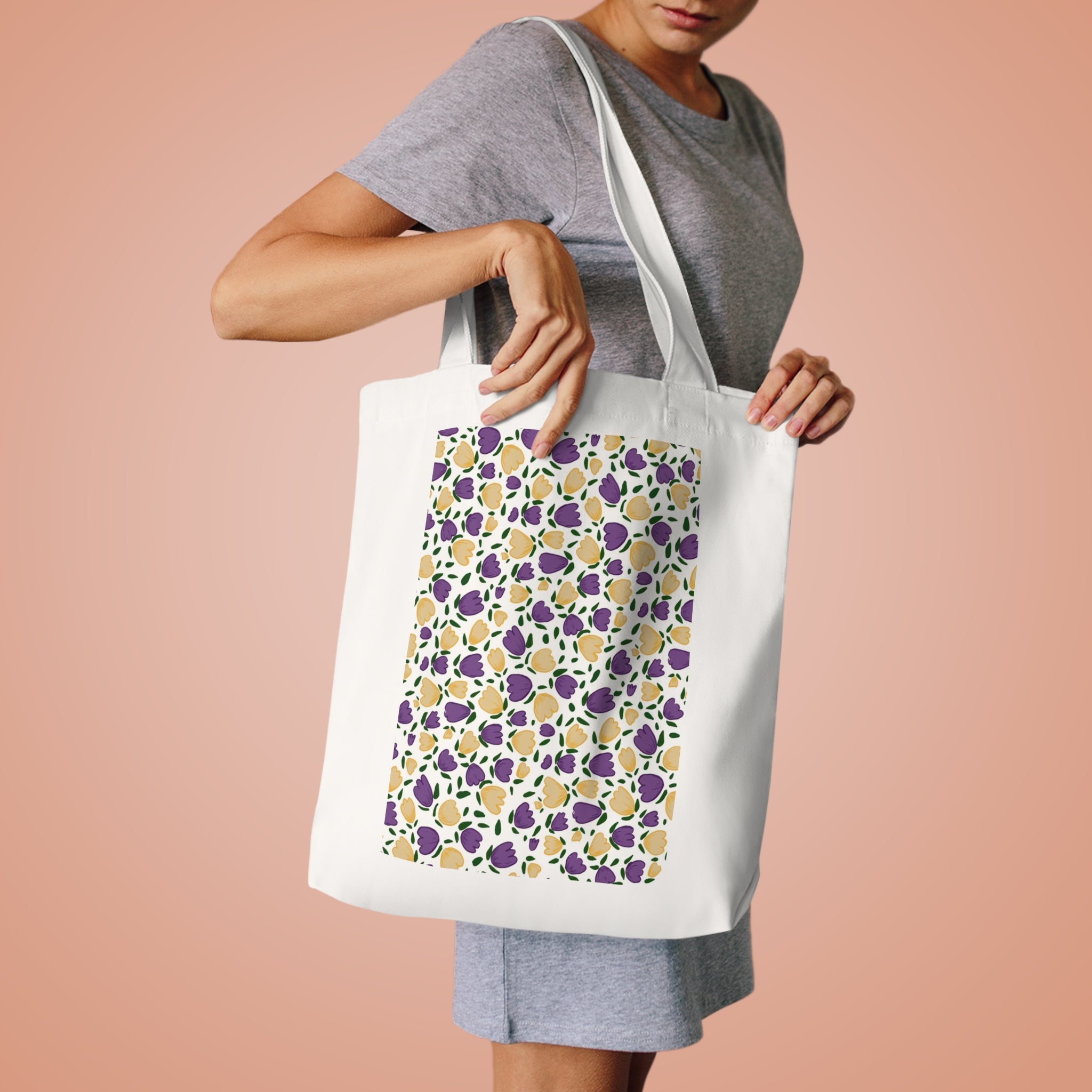 White Purple Gold Flora Cotton Tote Bag Printify