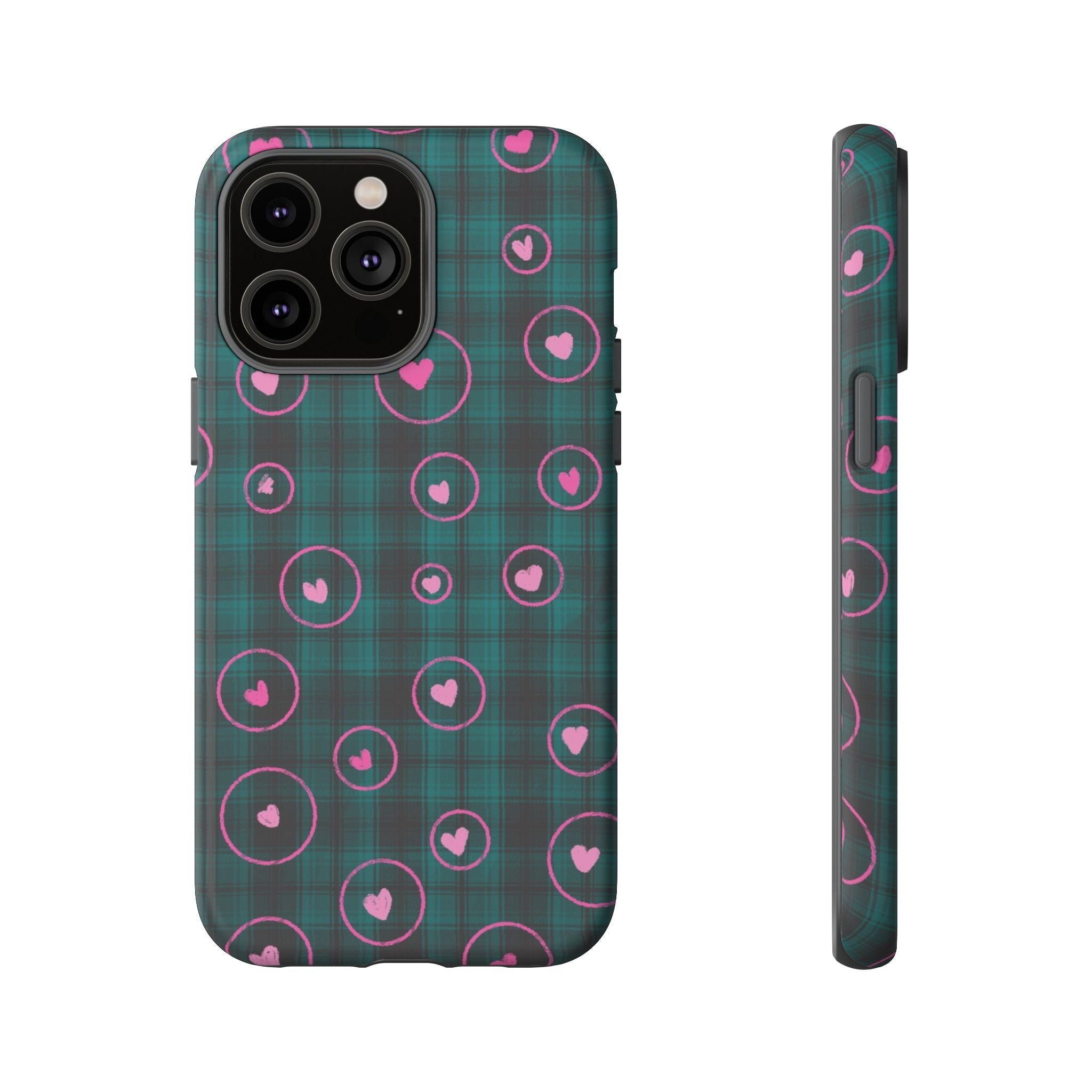 Rich Green with Pink Hear Hand Drawn Prints Tough Cases Printify