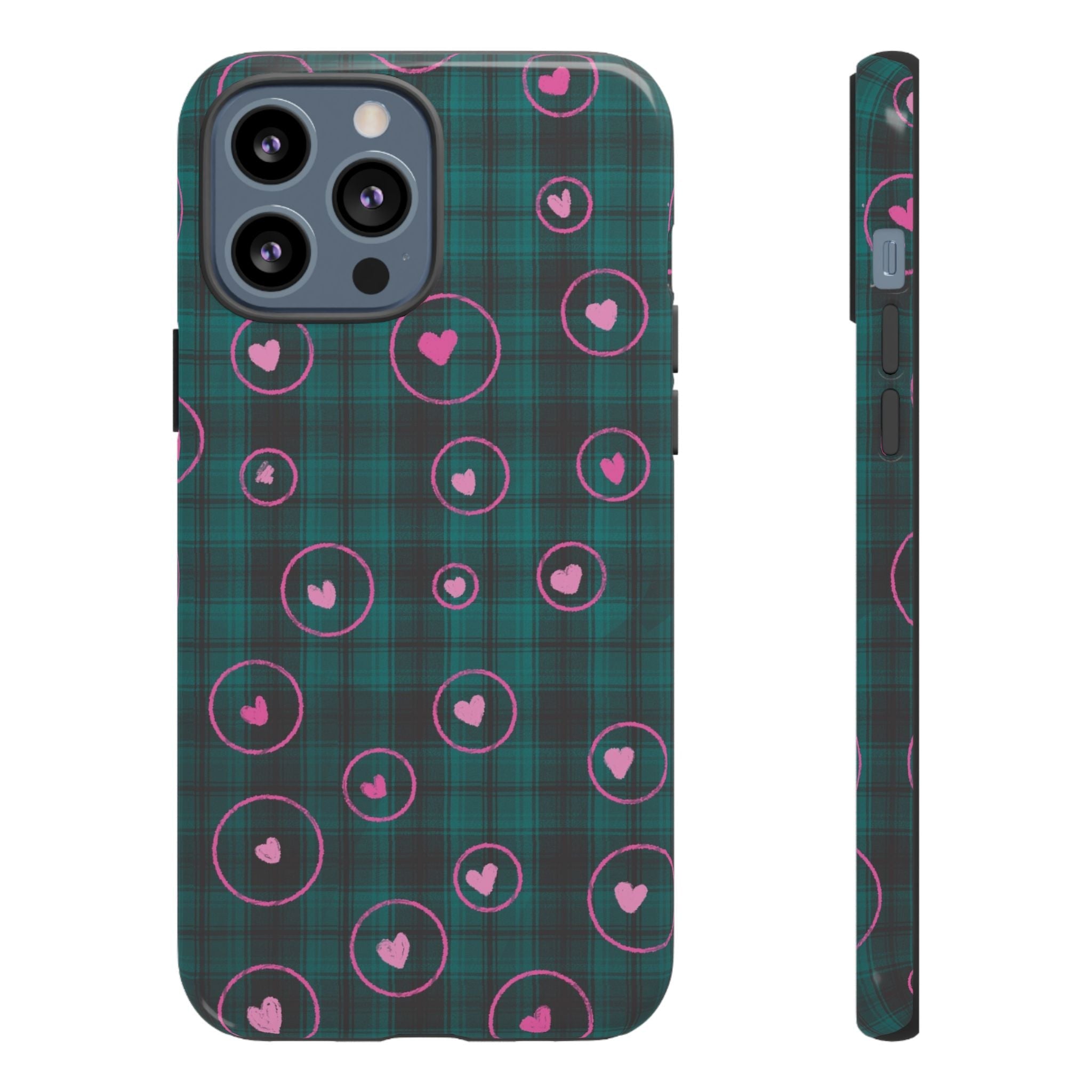 Rich Green with Pink Hear Hand Drawn Prints Tough Cases Printify