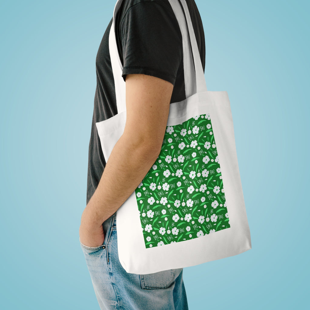 Green White Flower Cotton Tote Bag Printify