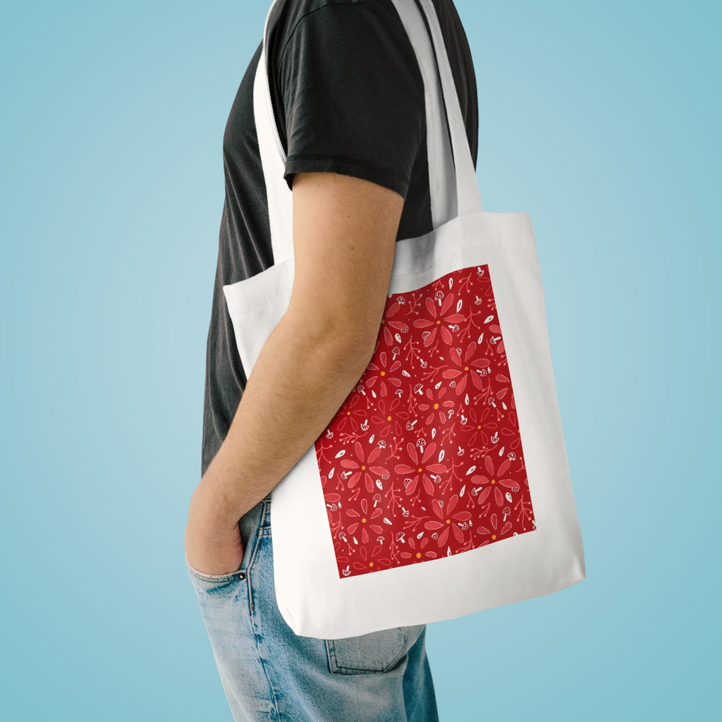 Red and White Flora with Mini Mushroom Cotton Tote Bag Printify